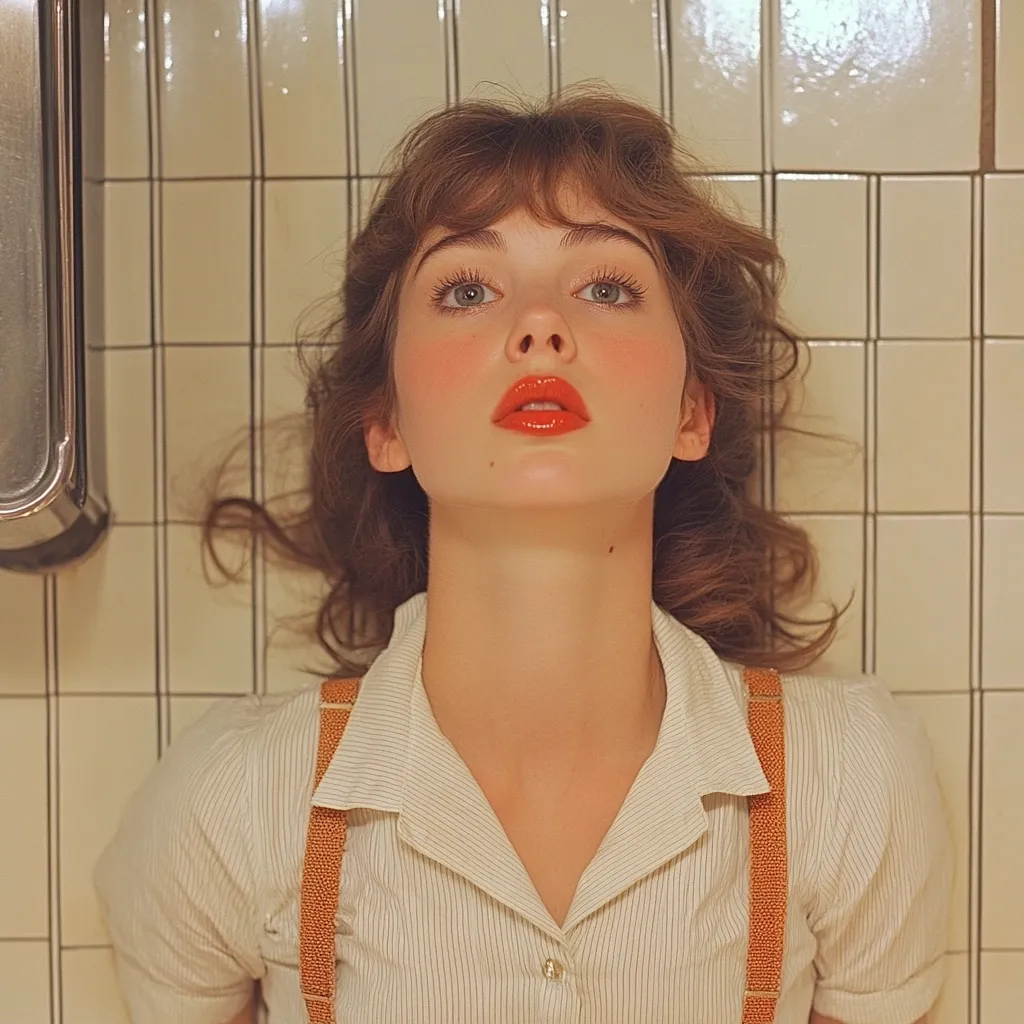 A young woman with long, brown hair lies on her back against a white tiled wall. Her eyes are closed and she is wearing a white shirt with orange suspenders. She has red lipstick on her lips and a hint of blush on her cheeks. The lighting is soft and warm. Her gaze is directed upward, creating a sense of wonder or contemplation.  The image evokes a feeling of innocence and beauty.  The simple setting and the woman’s relaxed posture suggest a sense of peace and tranquility.