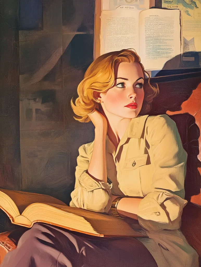 A woman with blonde hair, wearing a tan shirt and a bracelet, sits in a leather chair and holds an open book on her lap. She looks off to the side with a thoughtful expression. The background features an old book on a shelf, creating a cozy and nostalgic atmosphere. The painting is done in a realistic style with warm, inviting colors.  The woman's posture and the warm lighting suggest a moment of peaceful reflection and contemplation.
