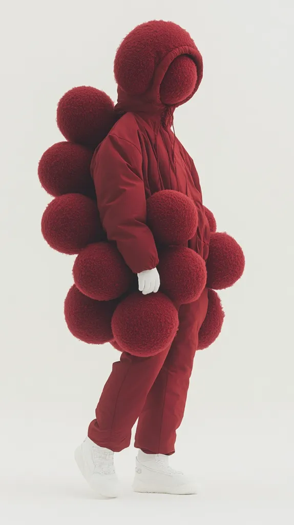 A person is wearing a red puffy coat and pants. The coat is covered in fluffy, red spheres that resemble a bunch of grapes. The person is wearing white sneakers and has their head covered by a fluffy, red sphere. The person is standing on a white background. The outfit is a unique and interesting piece of clothing.