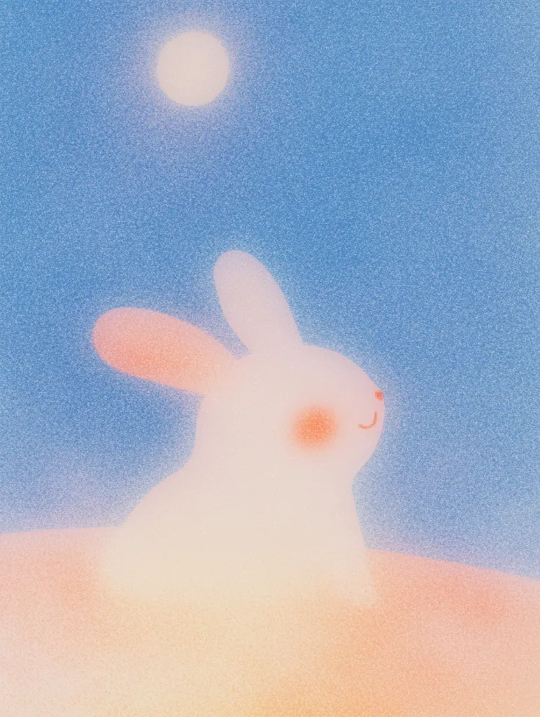 A white rabbit sits against a soft blue and pink background, gazing upwards at a large, white moon. The image has a dreamy, ethereal quality, with the rabbit and moon appearing almost translucent. The background is textured, giving the impression of a gentle breeze or soft snowfall. The overall feeling is one of peaceful tranquility.