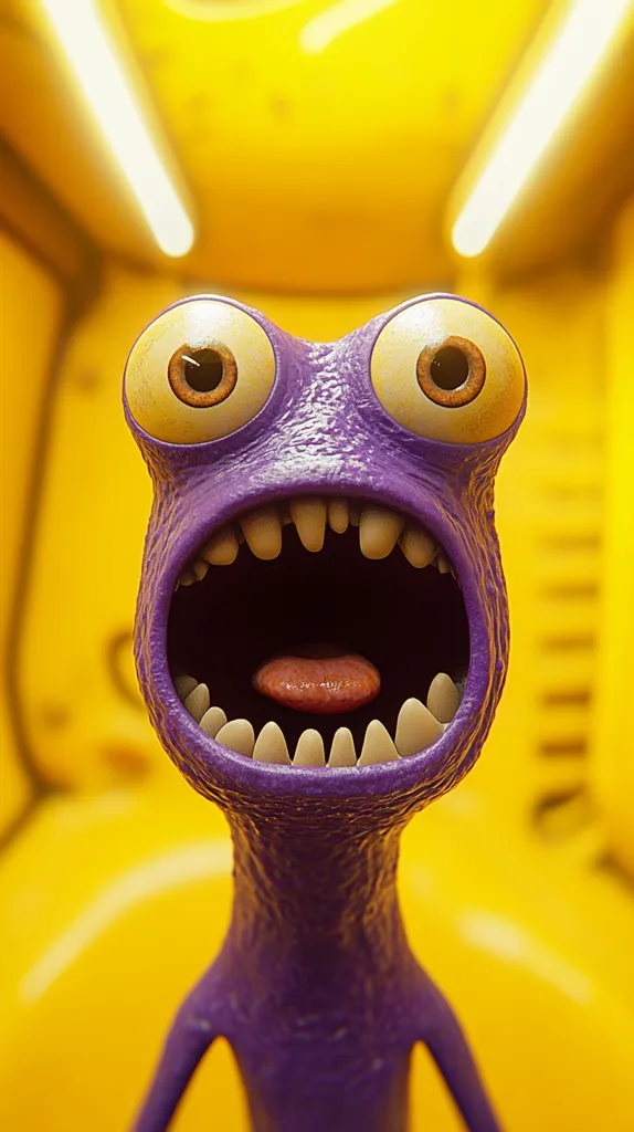 The image features a cartoon creature with a purple body and large, round eyes. Its mouth is wide open in a surprised or excited expression, revealing rows of teeth and a pink tongue. The creature appears to be standing in a bright yellow environment, possibly a room or a hallway. The image is rendered in a 3D style with a focus on the character's exaggerated features and playful expression.  The creature's vibrant colors and expressive face create a humorous and engaging visual.