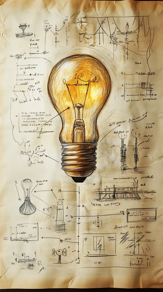 A detailed sketch of a lightbulb dominates the center of an old, parchment-like paper. The paper is filled with scribbles, diagrams, and notes, giving the impression of a scientific or engineering document. The lightbulb is drawn with meticulous detail, showcasing its internal structure and filament. The surrounding text and diagrams appear to be related to its design and function. The overall impression is one of invention, discovery, and the excitement of a breakthrough.