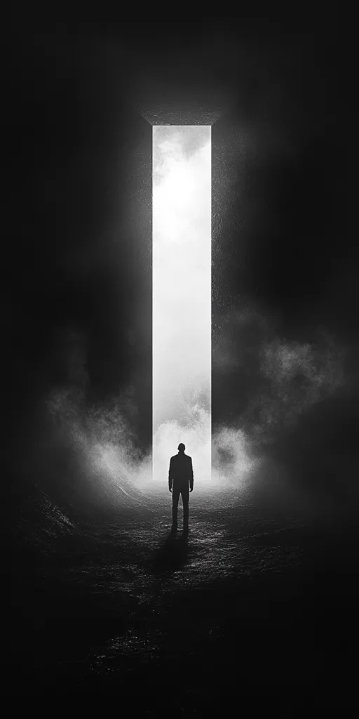 A silhouette of a man stands in a dark, smoky space, facing a bright, rectangular doorway. The light from the doorway illuminates the man's figure and the surrounding fog, creating a stark contrast between the light and dark areas. The image evokes a sense of mystery and the unknown, as the man stands at the threshold of the light.