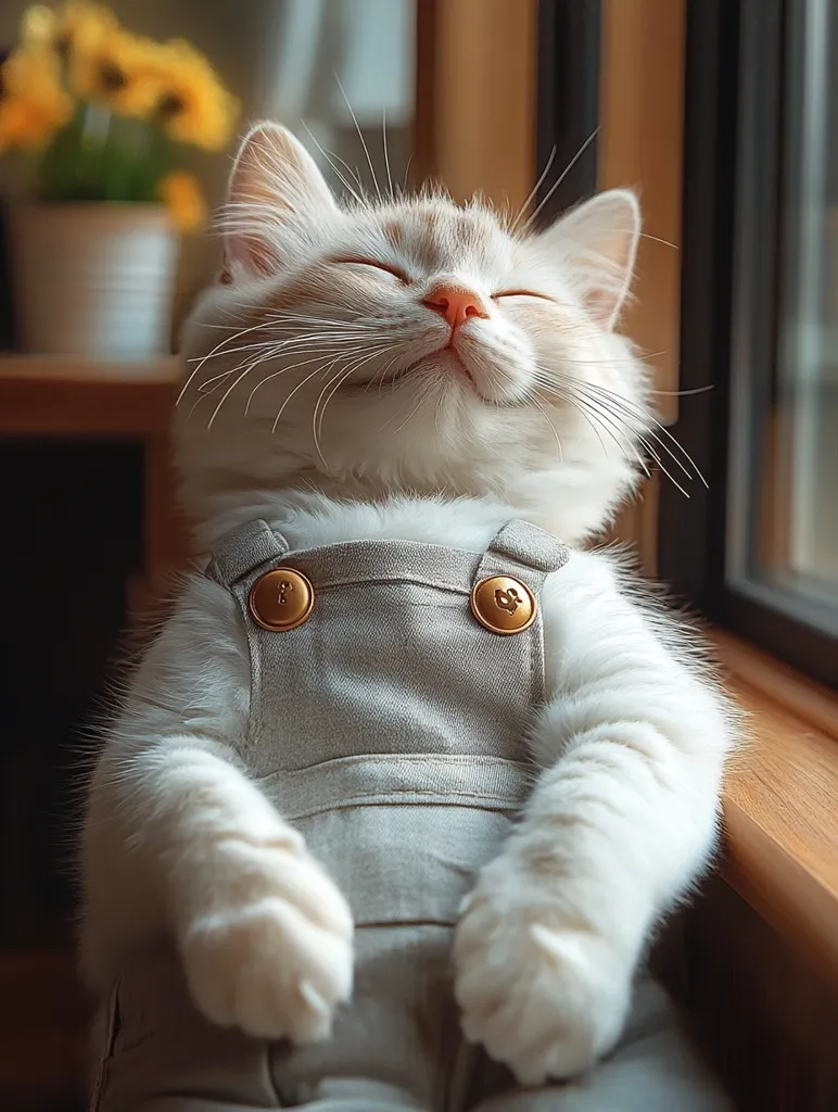 A white cat with closed eyes and a blissful expression is sitting on a windowsill wearing grey overalls with gold buttons. Its fur is soft and fluffy, and it seems to be completely relaxed and content. The cat's paws are neatly tucked in front of it. The image captures the cat's peaceful state and evokes feelings of serenity and joy.