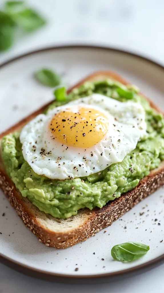A slice of toasted bread is topped with a generous amount of mashed avocado, a fried egg with a runny yolk, and a sprinkle of black pepper. The toast is resting on a white plate with a few basil leaves scattered around it. The image highlights a simple yet delicious breakfast or brunch option.