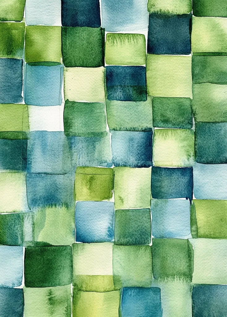 A watercolor painting of a grid of squares. The squares are painted in shades of green, blue, and yellow. The paint is applied in a loose and flowing style, giving the painting a soft and ethereal look. The colors are muted and blend together seamlessly, creating a sense of tranquility and peace. The overall effect of the painting is one of simplicity and beauty.