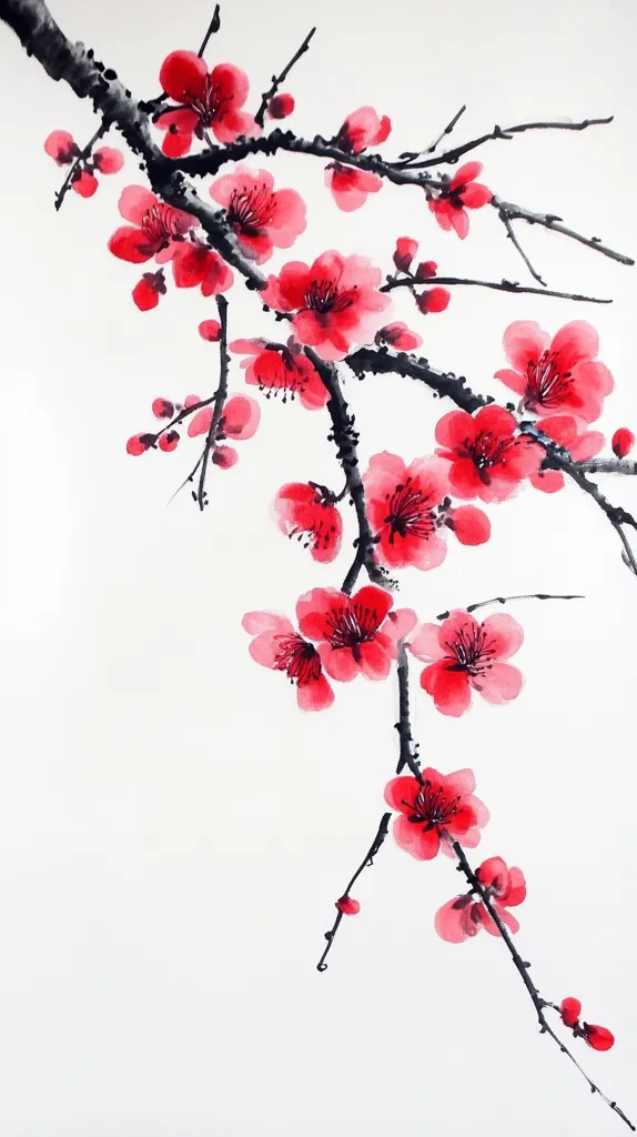 The image is a watercolor painting of a delicate cherry blossom branch. The thin black branches are adorned with clusters of vibrant red blossoms, their petals unfurling gracefully. The soft, watercolor strokes create a sense of ethereal beauty, showcasing the transient nature of spring. The background is left white, allowing the delicate blossoms to take center stage.