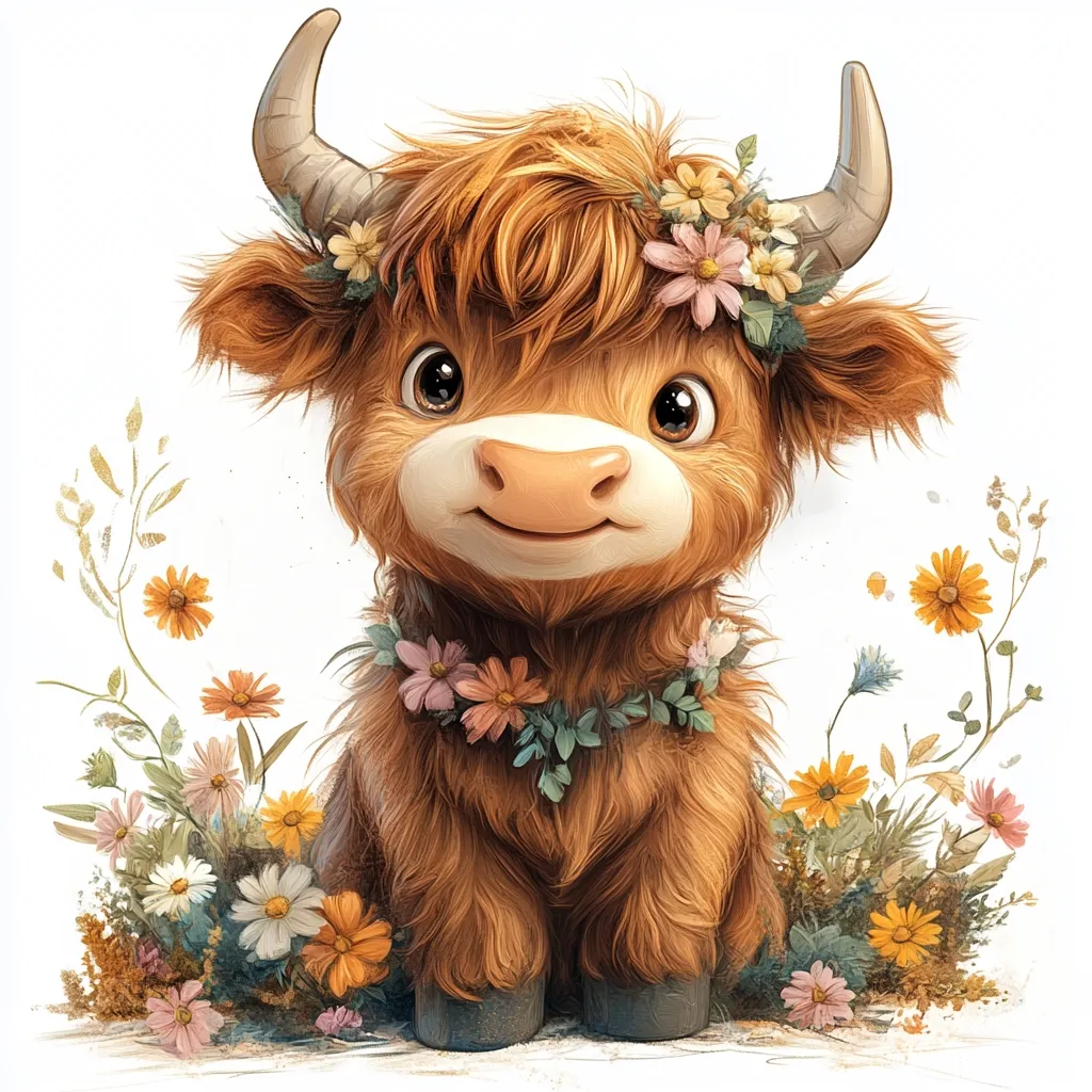 A cute, cartoon-style Highland cow with fluffy brown fur is sitting in a field of wildflowers. It has a flower crown on its head and a garland around its neck. The cow is smiling and looking at the viewer. The background is a white background with the flowers in the foreground.  The image evokes a feeling of happiness and innocence.