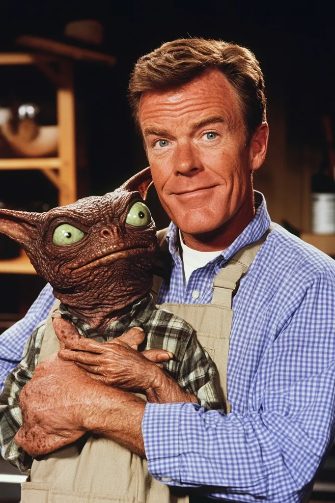 A man with brown hair and a blue plaid shirt is holding a brown, reptilian creature. The man is wearing a tan apron over his shirt and is smiling. The creature has large, green eyes and a wrinkled face. It is wearing a green and white plaid shirt. The man and the creature are standing in a room with shelves in the background.  The creature's arms are wrapped around the man's neck. The man's hands are wrapped around the creature's waist. The image has a friendly, light-hearted tone.