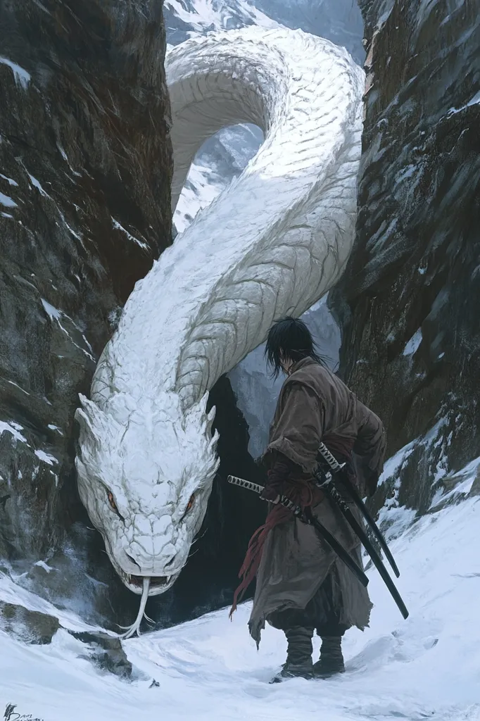 A lone samurai stands in a snowy mountain pass, facing a massive, white serpent. The serpent’s scales gleam in the sunlight, and its eyes seem to stare directly at the samurai. The samurai's swords are drawn, ready to defend himself against the fearsome creature.  The rocky walls of the pass loom above them, framing the scene in a sense of isolation and danger.  The image creates a sense of anticipation and tension, as the viewer wonders what will happen next.