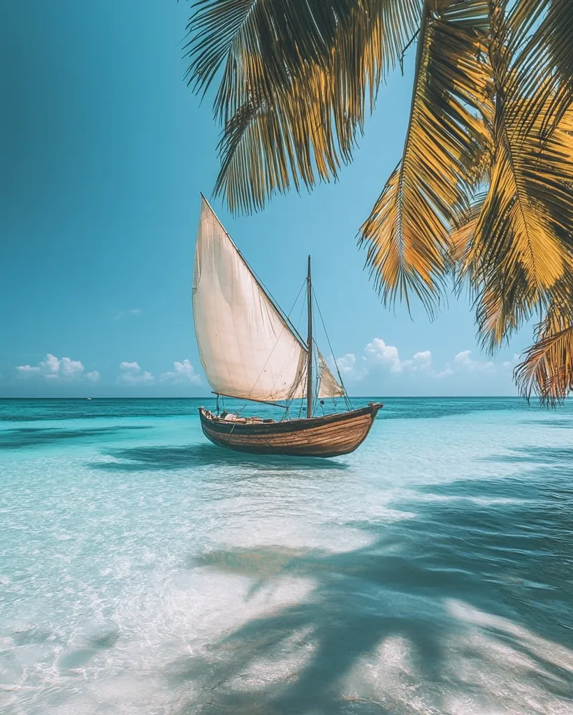 A traditional wooden sailboat with white sails sits anchored in crystal clear turquoise waters. The boat is in the foreground, while the background features a vast expanse of blue sky and ocean. The lush green palm leaves from a nearby tree frame the scene, casting shadows on the water. The image evokes a sense of tranquility and tropical paradise.