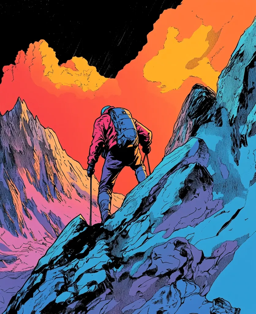 A lone hiker ascends a rocky mountain path. The hiker is equipped with a backpack and ice axe. The background is a dramatic landscape with vibrant colors: pink, orange, and purple mountains. The sky is dark blue with fluffy clouds. The image suggests a challenging climb with a sense of accomplishment and adventure.
