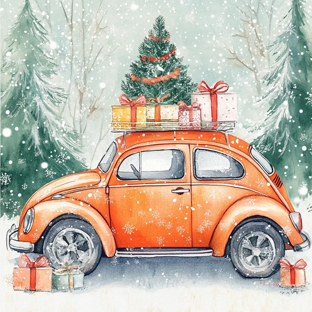 A vintage orange car is parked in a snowy winter scene. A Christmas tree with red ribbons sits on top of the car with several wrapped gifts. More presents are scattered around the car.  Snowflakes are falling gently around the car and tree.