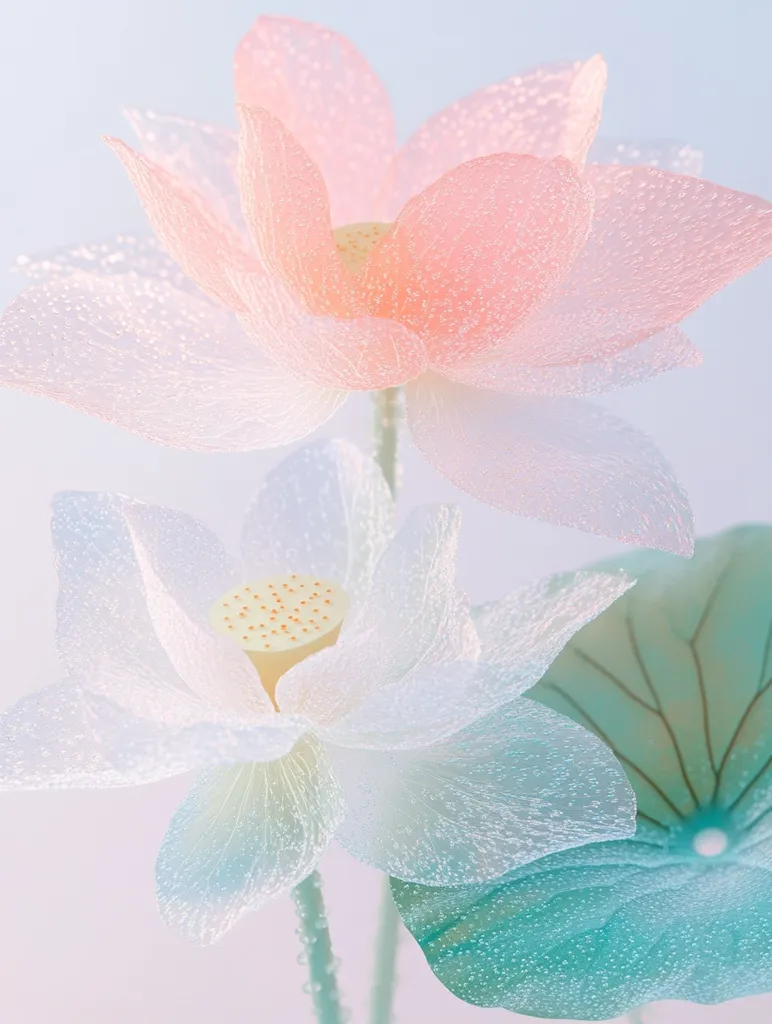 Two delicate, translucent lotus flowers, one pink and one white, with delicate green leaves, are arranged in a minimalist composition.  They appear to be made of fabric or paper, with a slight shimmer and an ethereal quality. The background is a soft, blurred pastel blue. The flowers are the focal point, with their intricate details and delicate beauty highlighted against the soft background. The image evokes a sense of peace and tranquility.