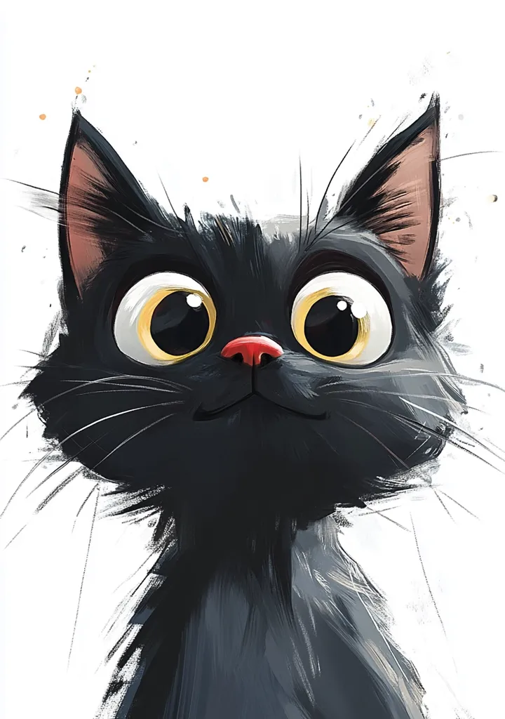 The image shows a black cat with large, round eyes and a cute, slightly surprised expression. The cat has a pink nose and its fur is painted in a loose, brushstroke style. The cat's whiskers are long and prominent, and its ears are perked up, adding to its playful and curious demeanor. The background is a simple white, allowing the cat to stand out as the focus of the image. The overall style is whimsical and cartoonish.