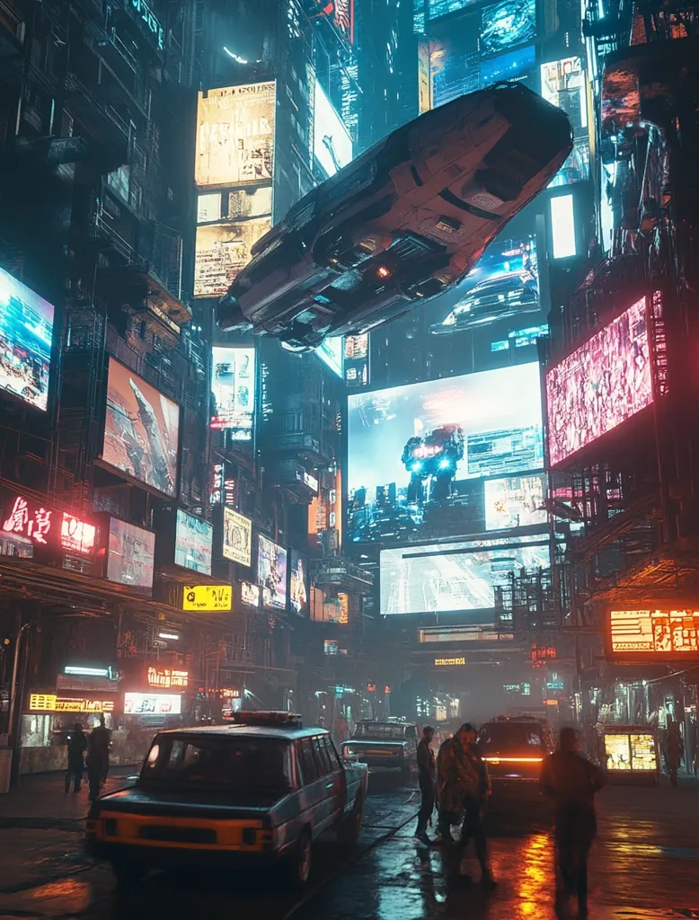 A futuristic cityscape is illuminated by vibrant neon signs and streetlights. A sleek, futuristic vehicle hovers overhead, casting a shadow over the bustling street below. Pedestrians navigate the crowded sidewalks, while cars and other vehicles flow through the traffic. The air is thick with smog and the scent of exhaust fumes. The scene is a mix of cyberpunk aesthetics and a glimpse into a possible future.