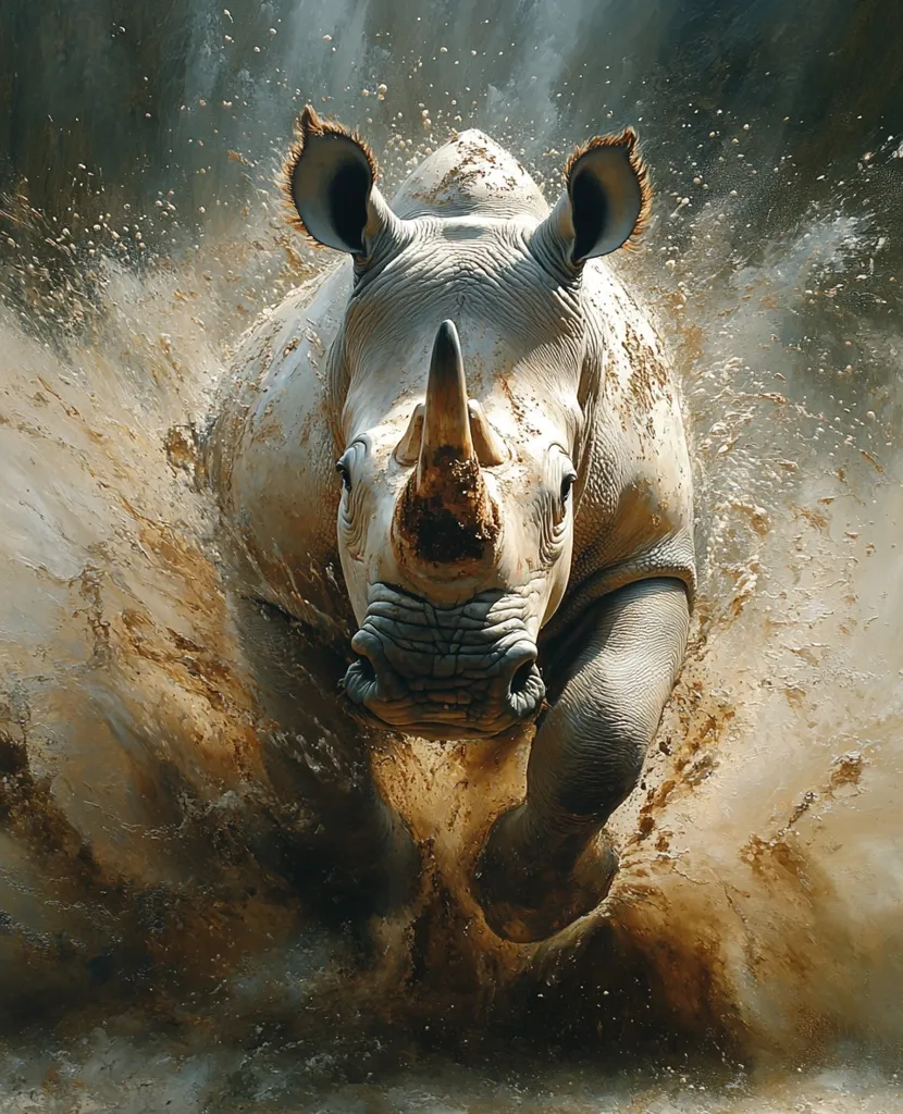 A white rhinoceros charges through a muddy, watery area. The rhino is in mid-stride, its powerful legs churning up the mud. The rhino's head is lowered, its eyes focused on its target. The water and mud are flying around the rhino, creating a dramatic scene. The background is a blur of green and brown, highlighting the rhino's strength and movement.