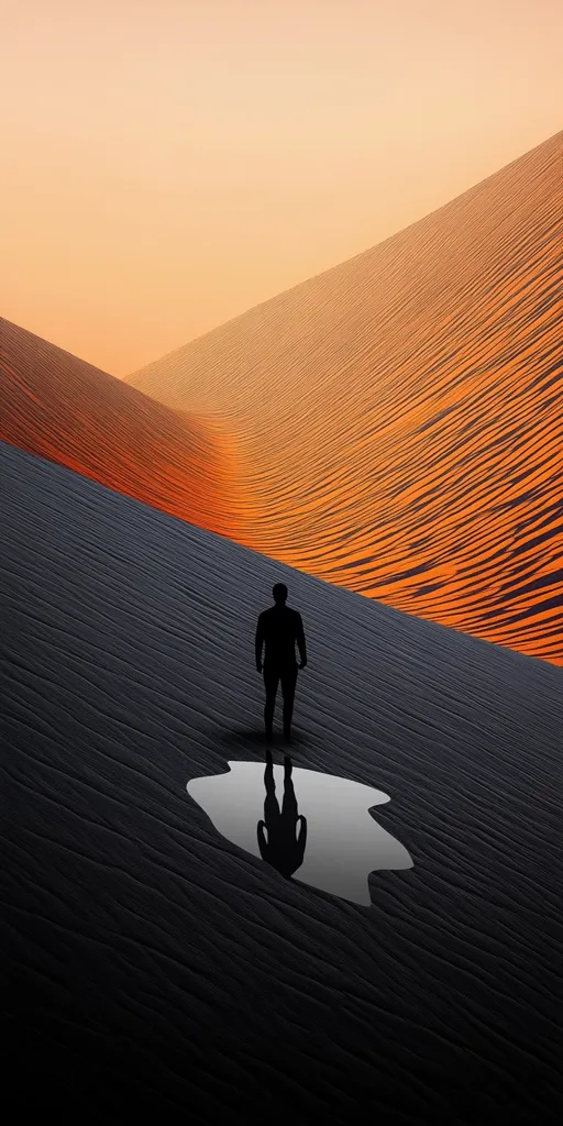 The image depicts a lone figure standing in a desert landscape, their silhouette stark against the undulating dunes. The sand is a rich, warm orange, contrasting with the cool, dark grey of the foreground. A small puddle reflects the figure, creating a surreal and isolated scene. The vastness of the desert and the figure's solitude evoke a sense of introspection and contemplation.