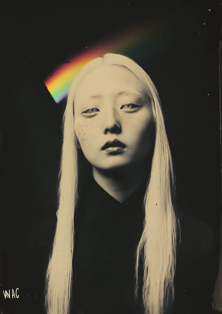 A young woman with long blonde hair and pale skin stares intently at the camera. Her face is framed by a rainbow, which appears to be painted onto her forehead. She wears a black collared shirt and is lit with a soft, diffused light. The background is dark and textured, creating a mysterious and ethereal atmosphere. The image has a vintage, faded quality, adding to its dreamlike effect.