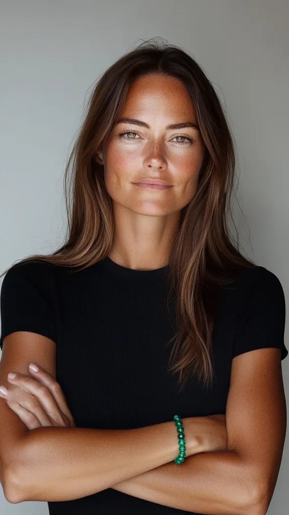A woman with long brown hair is wearing a black t-shirt and a green beaded bracelet. She is standing against a plain white background and has her arms crossed. Her face is subtly made up, with a soft smile.  She is looking directly at the camera.