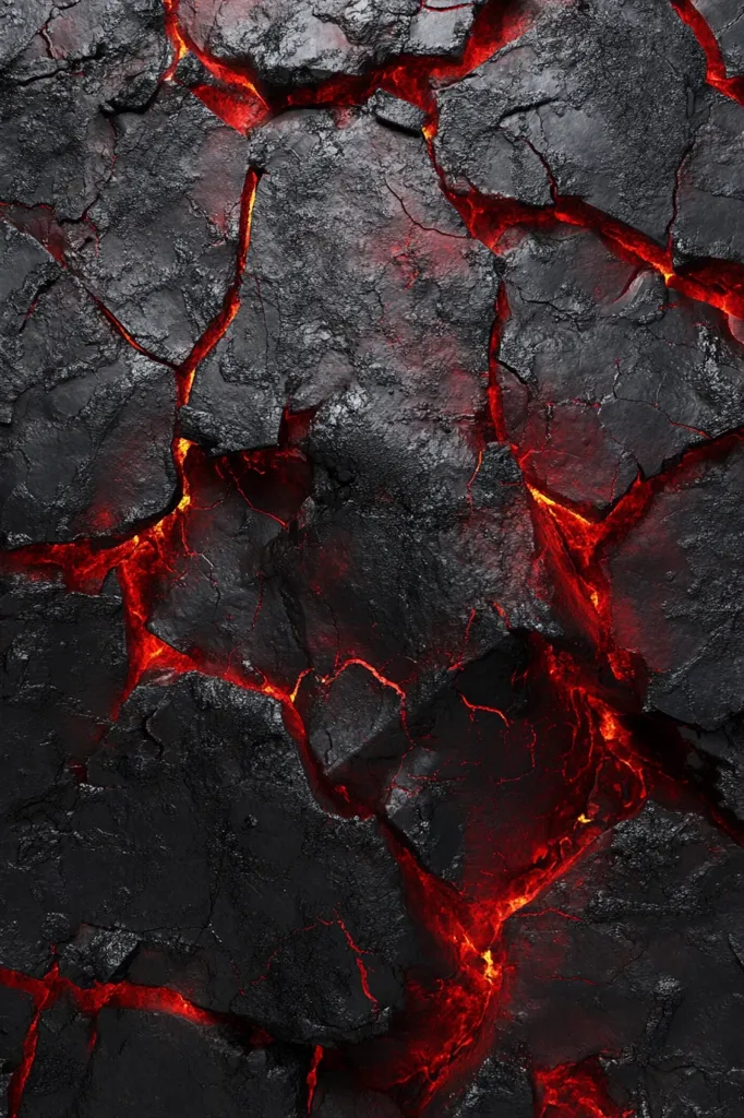 The image shows a close-up of cracked black volcanic rock with glowing red lava flowing through the cracks. The intense heat and the molten lava create a dramatic and fiery contrast against the dark rock. The texture of the rock and the flowing lava add to the image's visual appeal.  The image evokes feelings of power and danger associated with volcanoes.