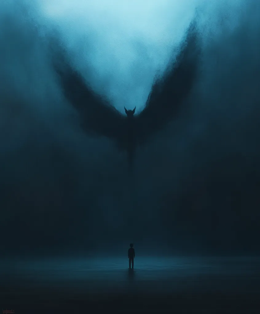 The image depicts a solitary figure standing in a vast, dark expanse. The figure is dwarfed by the looming shadow of a monstrous creature with wings, cast against a stormy sky.  The scene evokes a sense of fear and isolation, highlighting the individual's vulnerability in the face of overwhelming power.  The dark, moody atmosphere amplifies the feeling of dread.