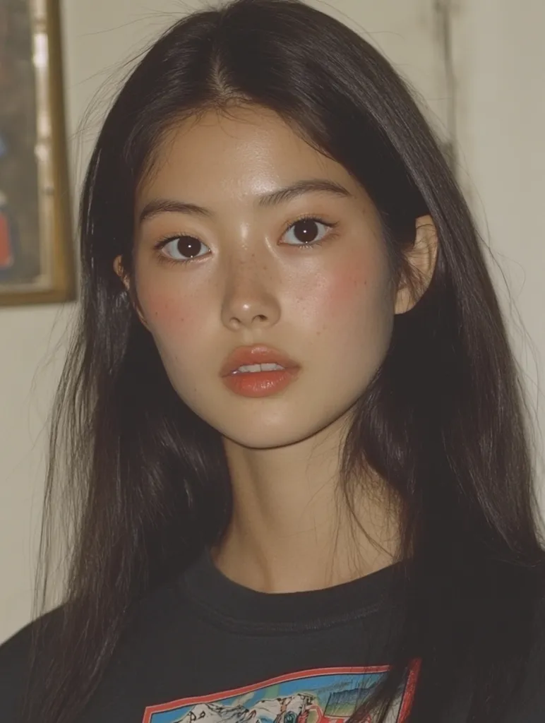 The image shows a young woman with long, black hair. She is wearing a black t-shirt with a colorful design on the front. Her skin is fair and she has large, dark eyes. Her lips are a light shade of pink and her cheeks are lightly blushed. She is looking directly at the camera with a calm expression. The image is slightly blurred, giving it a soft, nostalgic feel.  The lighting is warm and soft, casting a gentle glow on her face.  The background is out of focus, drawing attention to the subject.
