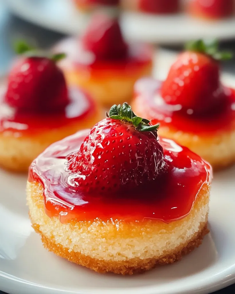 A close-up shot of a single strawberry topped cake on a white plate. The cake is a light golden brown and has a shiny red strawberry glaze. The strawberry on top is fresh and red.  There are other cakes out of focus in the background. The photo is bright and well-lit.