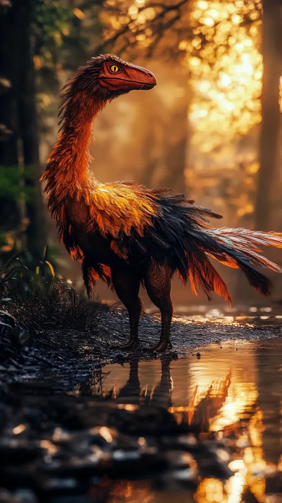 A large, feathered dinosaur stands in a forest clearing, its long neck stretched upwards.  The dinosaur has a reddish-brown body with black and orange feathers, and its long, slender legs are planted firmly on the ground. Its yellow eyes stare intently ahead. The background is a blur of trees and golden sunlight, creating a hazy, dreamlike atmosphere.  The dinosaur's reflection is visible in a puddle of water in the foreground.  The scene evokes a sense of ancient wonder and the mysteries of the prehistoric world.