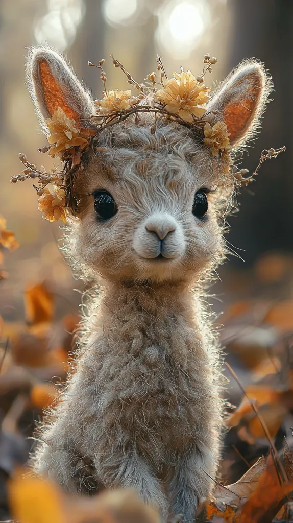 A fluffy, light brown alpaca with large, dark eyes looks directly at the camera. It is wearing a crown of dried yellow flowers. The alpaca is standing in a bed of autumn leaves, with a blurry background of trees and sunlight. The alpaca's expression is innocent and curious. The image is soft, warm, and inviting.