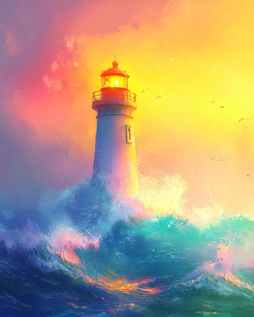 A tall white lighthouse with a yellow light shines brightly amidst a backdrop of a vibrant sunset and churning blue waves. The sky is filled with a mix of pink, orange, and yellow hues, while the water below is a deep turquoise with splashes of white foam. A few seagulls fly across the sky, adding a touch of life to the scene. The image evokes a sense of hope and resilience, as the lighthouse stands tall against the stormy sea.