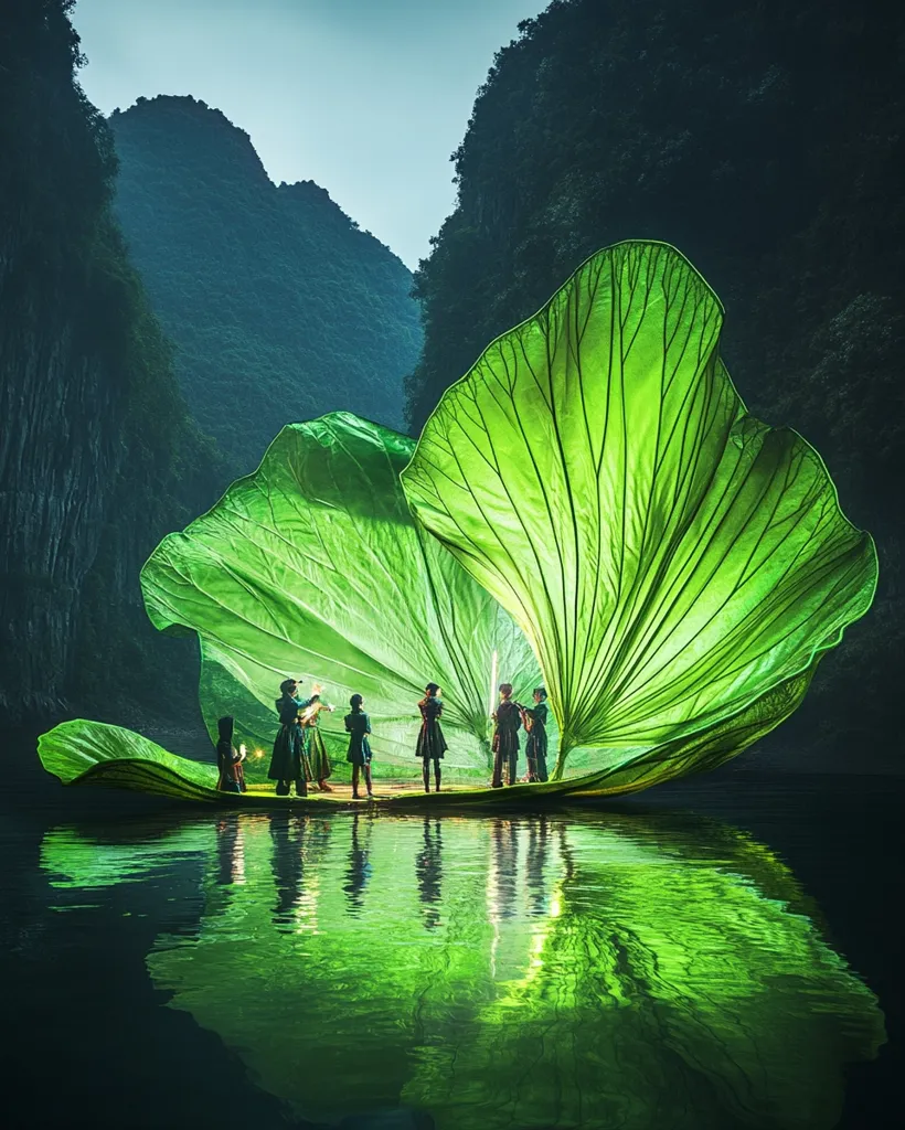 A giant green leaf, possibly a lotus, sits on a still body of water between towering green cliffs.  The leaf is illuminated from within, and a group of people stand on its surface, looking like they are performing a ritual or ceremony. The reflection of the leaf and the people is visible in the water. The image evokes a sense of mystery and wonder, suggesting a magical or spiritual place.