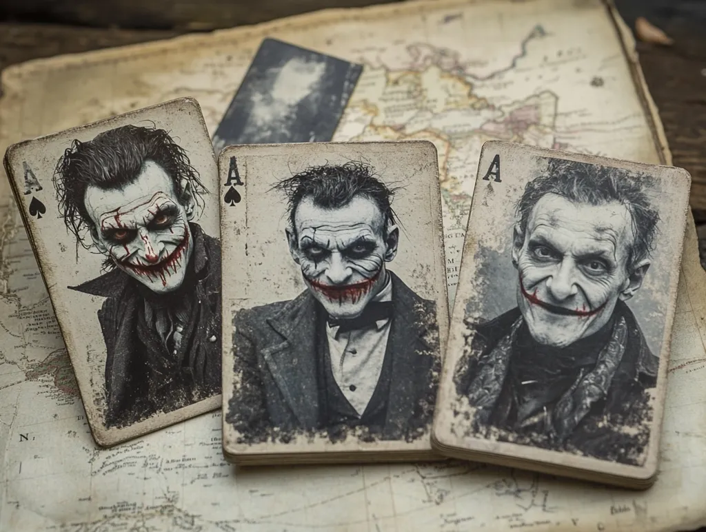 Three playing cards, each depicting a man with a sinister, Joker-esque grin, are laid on top of a faded antique map. The cards are all Aces of Spades. The men are dressed in dark suits and appear to be wearing dark makeup or masks, giving them a menacing appearance.  The cards and the map are worn and faded, suggesting a long history and possibly a dark secret.