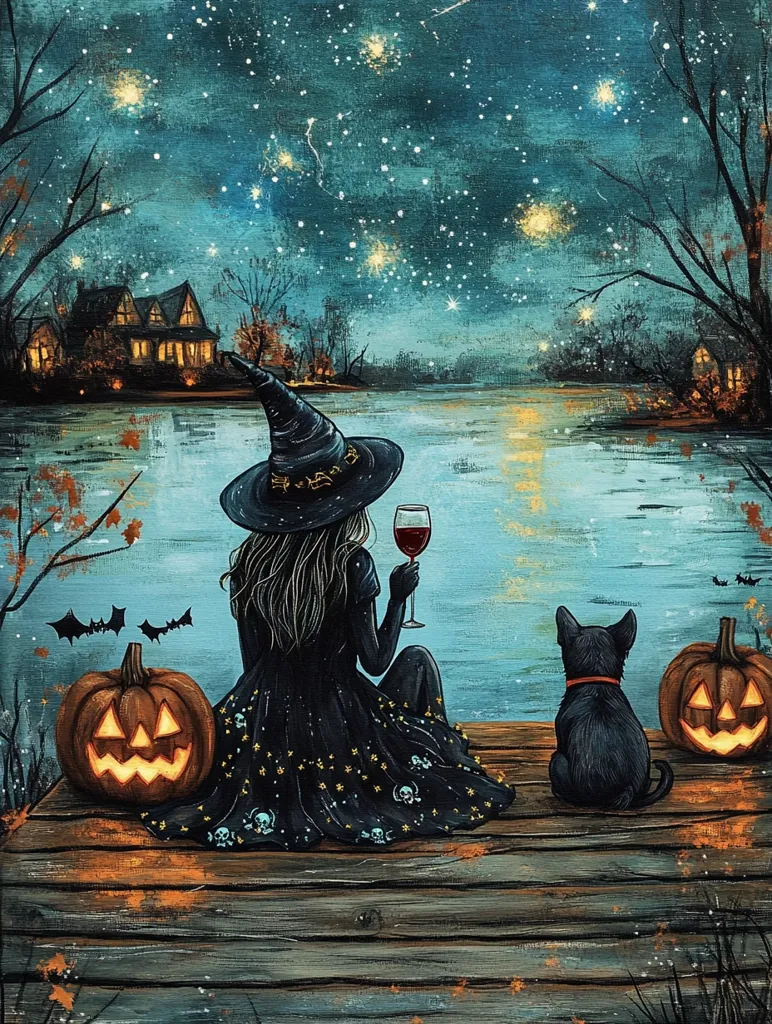 A witch in a black dress with a witch's hat sits on a wooden dock overlooking a lake. The night sky is filled with stars and the witch holds a glass of wine. Her black cat sits beside her and a jack-o-lantern sits on the dock. The scene is magical and whimsical with a touch of spooky Halloween charm.