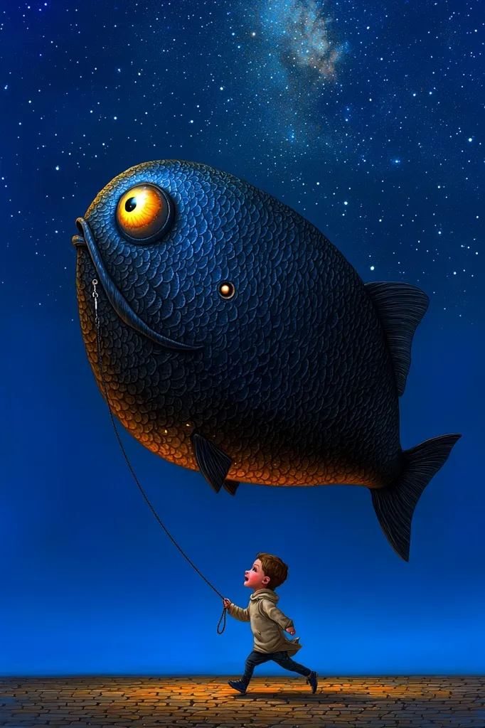 A small boy runs across a cobblestone path, pulling a giant, blue fish-shaped balloon. The balloon has large, bright yellow eyes. The background is a night sky, studded with stars. The boy looks up at the balloon in wonder, seemingly unfazed by its size. The image is whimsical and surreal, suggesting a child's imaginative world.
