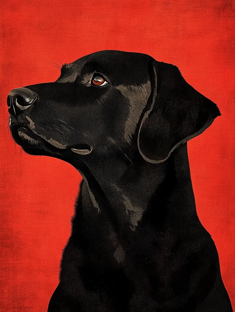 A black Labrador Retriever with a serious expression looks to the left, with its head tilted slightly to the side.  Its fur is sleek and black, and its eyes are a deep brown. The background is a vibrant red.  The dog's posture suggests attentiveness and readiness.  The image is rendered with a textured, artistic style.