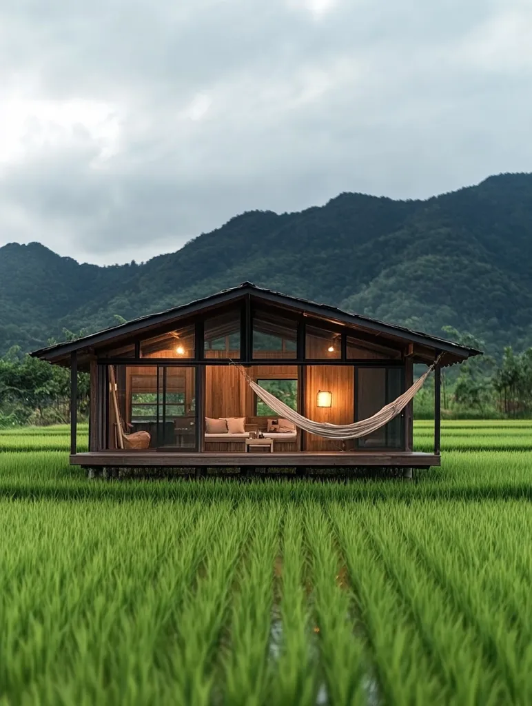 A modern, wooden cabin with large windows sits in a lush green paddy field. The cabin has a hammock hanging inside and a wooden deck. Rolling hills rise in the background, partially obscured by a cloudy sky. The scene is serene and tranquil, suggesting a peaceful retreat from the hustle and bustle of life.