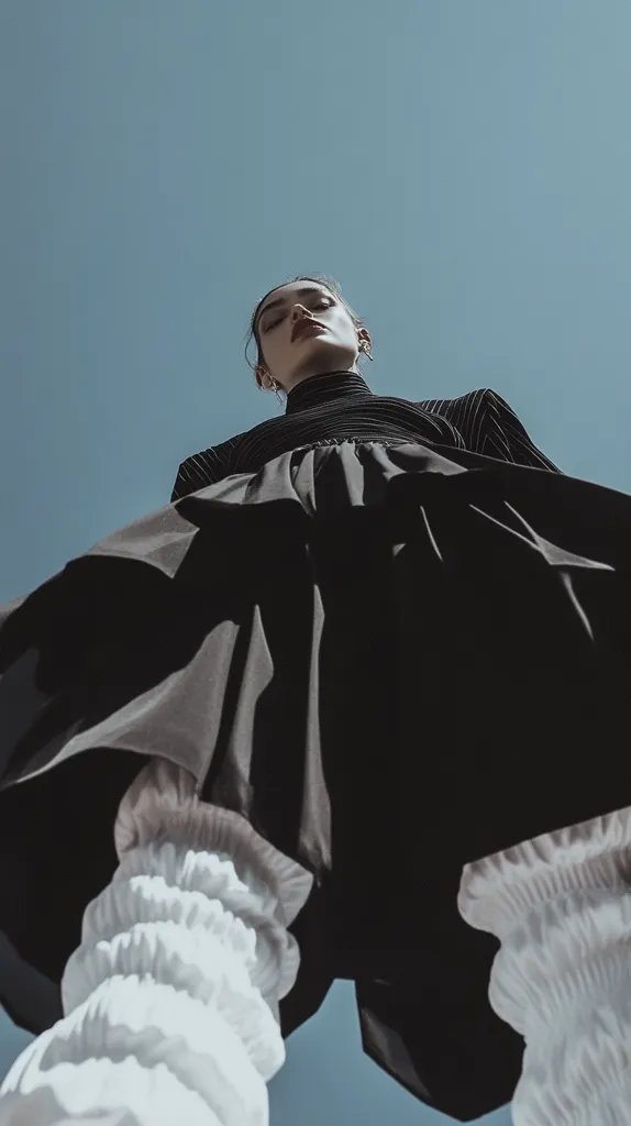 A woman in a black dress with a white ruffle trim stands against a clear blue sky, looking up at the viewer. Her face is tilted upwards, and her eyes are closed. The image is shot from a low angle, making the woman appear large and imposing. The simple background and dramatic lighting create a sense of mystery and intrigue.