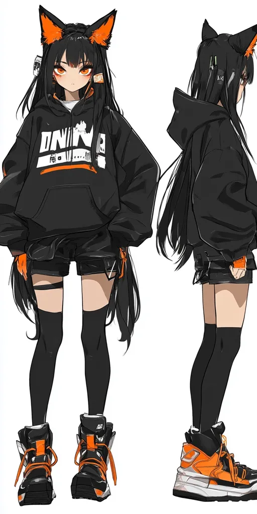 The image shows a female anime character with long black hair, orange cat ears, and a black hoodie with orange accents. She is wearing black shorts, black thigh-high socks, and black and orange sneakers. The character is depicted in two poses, one facing forward and the other facing sideways.  The background is a simple white.