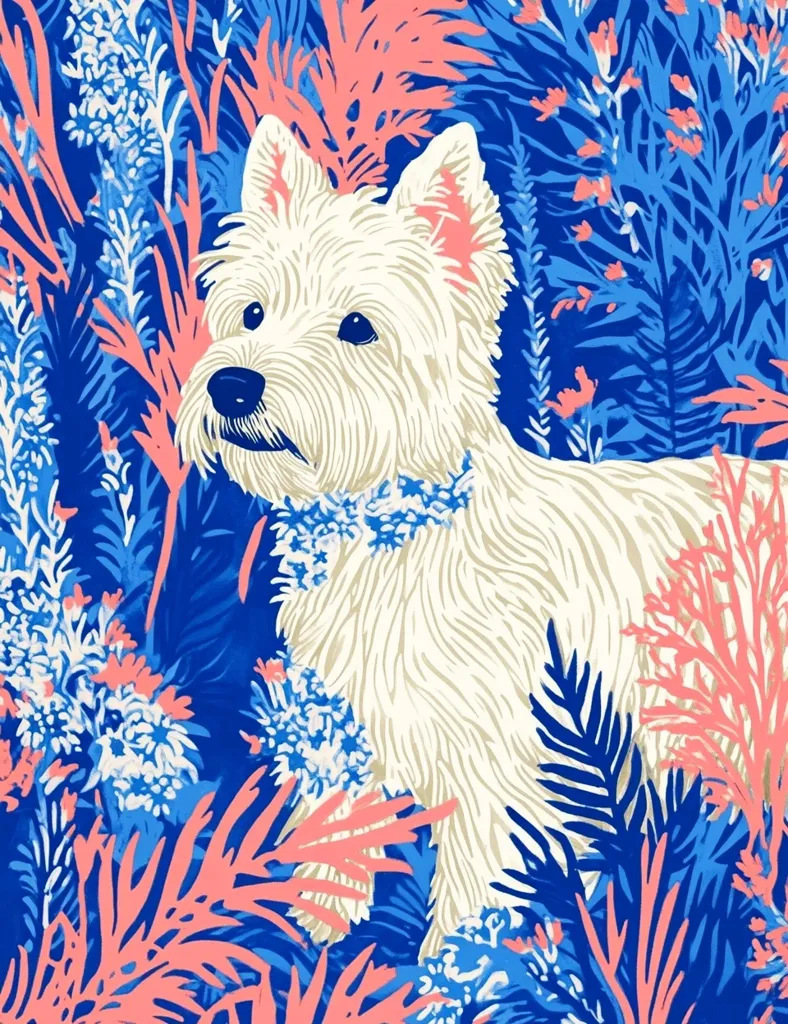 A white West Highland Terrier stands amidst a vibrant blue and pink floral pattern. The dog's fluffy white fur contrasts with the bold, stylized flowers and leaves that surround it. The background is a rich, deep blue, creating a dramatic setting for the dog. The image is a stylized illustration that combines a playful subject with a sophisticated color palette.