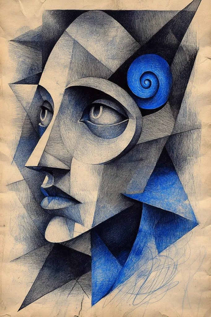 The image is a pen and ink drawing of a stylized human face. The face is rendered in shades of blue and black, with geometric shapes and lines creating the features. A prominent blue spiral is situated behind the eye, adding a surreal and abstract element to the portrait. The overall effect is one of fragmented and angular beauty.