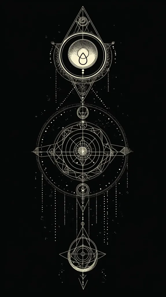 The image depicts a complex geometric design in white on a black background. The design is composed of overlapping circles, triangles, and lines, creating a sense of depth and intricacy. At the top, a diamond shape with a circle inside it contains a teardrop-like symbol. This symbol is repeated throughout the design, connecting the different geometric elements. The overall effect is one of a mystical and spiritual symbol.