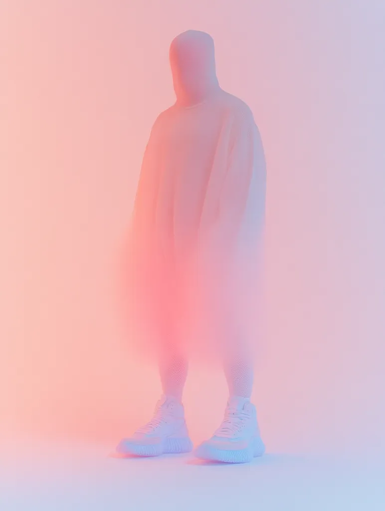 A figure in white clothing stands against a pink and blue gradient background. The figure's face is obscured by a hood, and their body is largely obscured by the glow of the lighting. They are wearing white sneakers and are standing with their feet slightly apart. The overall mood is ethereal and mysterious.