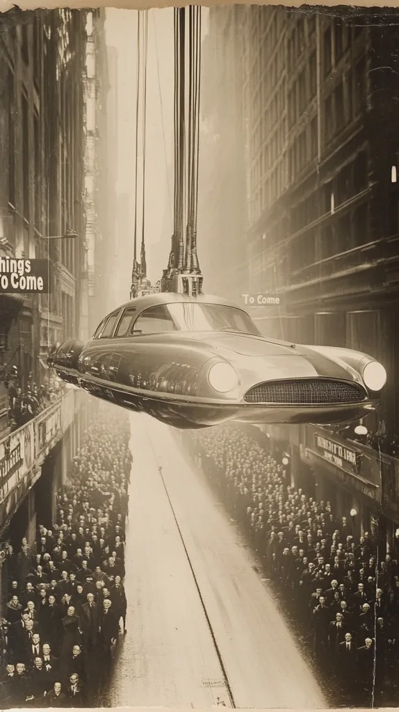 The image is a black and white photo of a futuristic flying car hovering above a crowded street in a city. The car is sleek and modern, with large headlights and a prominent grille. It is suspended by cables that connect to the buildings on either side of the street. The buildings are tall and imposing, with a classic architectural style. The crowd below is dressed in various clothing, but they all look up in awe at the flying car. There is a sign that says "To Come" on one of the buildings. The photo has a vintage feel, suggesting that it was taken in the early 20th century.  It is a powerful image of technological innovation and societal change.