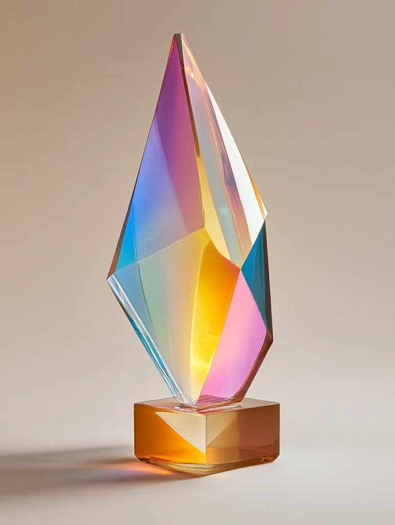 The image shows a modern, abstract sculpture made of iridescent glass. The sculpture is shaped like a tall, pointed diamond and is resting on a rectangular base of a similar material. The colors of the sculpture are a mixture of blue, green, yellow, and pink, giving it a vibrant and colorful appearance. The light is reflecting off the glass surface, creating a shimmering effect. The sculpture is set on a light brown background.