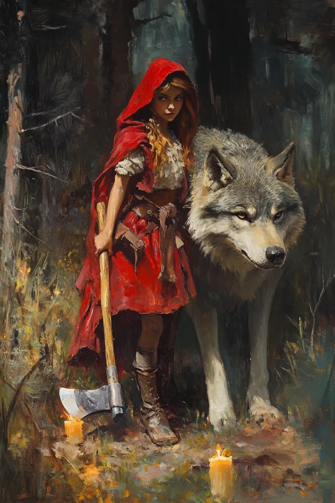 The painting depicts a young woman, dressed in a red hooded cloak and holding a large axe, standing with a wolf in a dark forest. The woman has a determined look on her face, while the wolf appears docile and submissive. The scene suggests a tale of bravery and resilience in the face of danger, perhaps a reimagining of the classic story of Little Red Riding Hood. The dimly lit forest and the glow of candles on the forest floor add an element of mystery and suspense. The woman's pose and the wolf's presence create an intriguing dynamic, hinting at a complex relationship between the two characters.