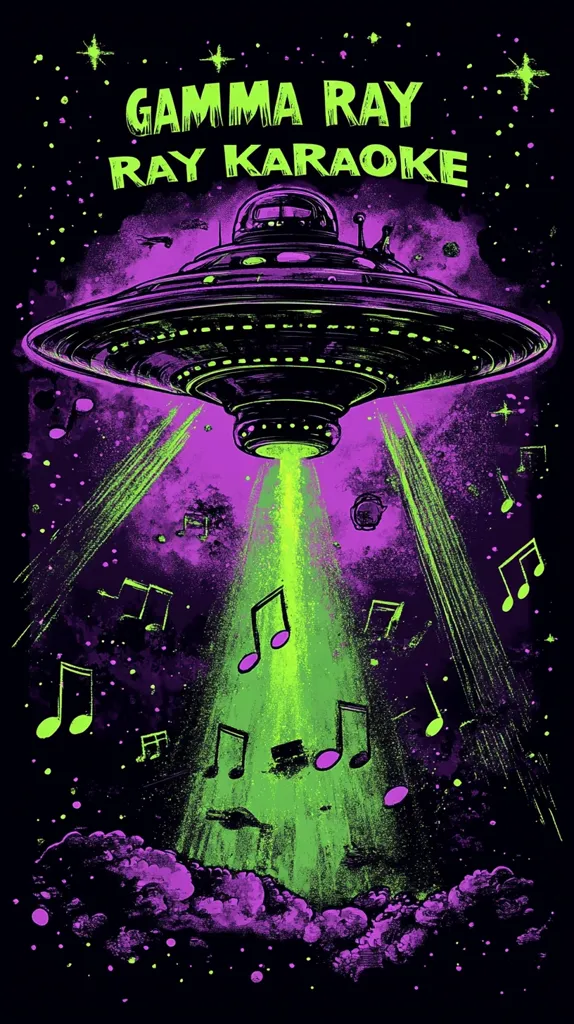 The image is a black background with a flying saucer in the middle, surrounded by stars. The saucer is beaming down a green light that has musical notes in it, and the words "Gamma Ray Ray Karaoke" are at the top of the image. There are also purple clouds at the bottom of the image.
