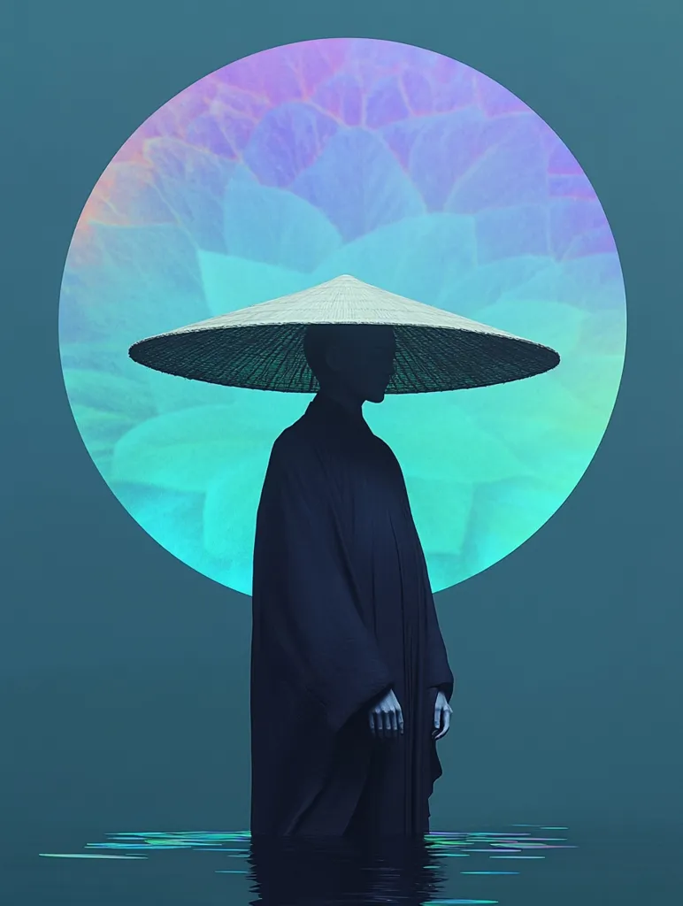 A shadowy figure in a long, dark robe and a wide-brimmed hat stands in shallow water, their face obscured. Behind them is a large, glowing orb that blends shades of blue, purple, and green. The orb appears to be a stylized representation of the moon or a celestial body. The image creates a sense of mystery and solitude, with the figure's hidden face and the ethereal background suggesting a spiritual or introspective theme.