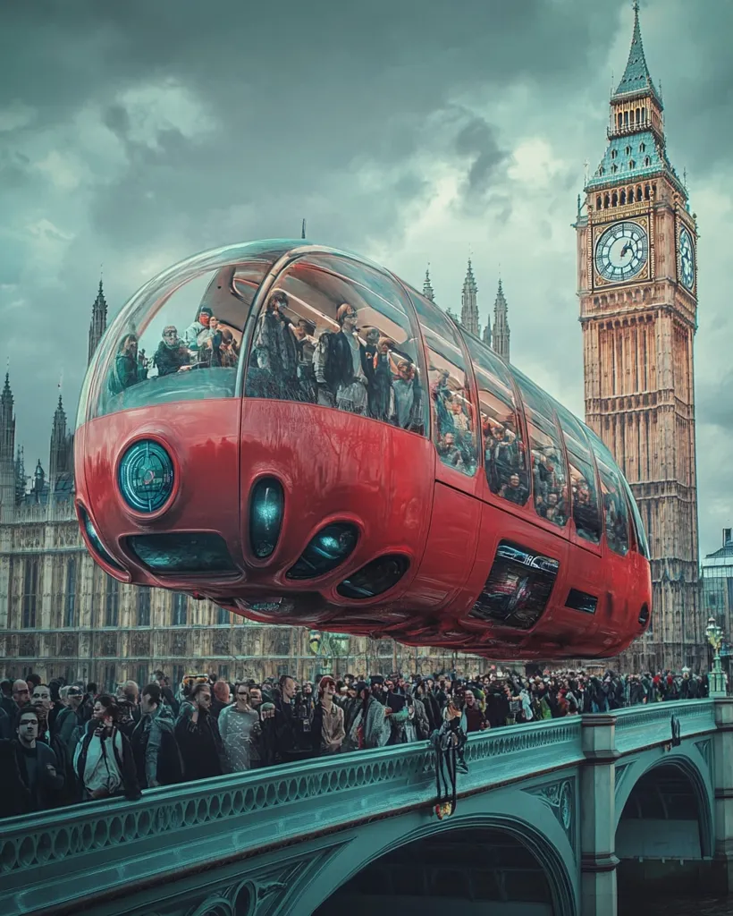 A futuristic, red, transparent pod hovers above a bridge in London, with Big Ben in the background. The pod is filled with passengers, and a large crowd of people watches from the bridge. The sky is cloudy, and the city's architecture is visible in the distance. The image evokes a sense of wonder and excitement about the future of transportation.