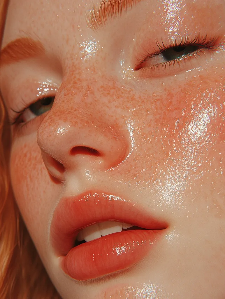 The image shows a close-up of a woman's face. Her skin is dewy and glowing, with freckles scattered across her cheeks. Her eyes are closed, and her lips are parted slightly, revealing a hint of white teeth. The lighting is soft and warm, creating a dreamy and ethereal atmosphere. The image is likely intended to evoke feelings of beauty, serenity, and natural radiance.